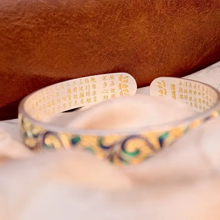 925 argent antique or artisanat évidé émail rouleau herbe motif bracelet gravé coeur sutra bracelets bijoux cadeau