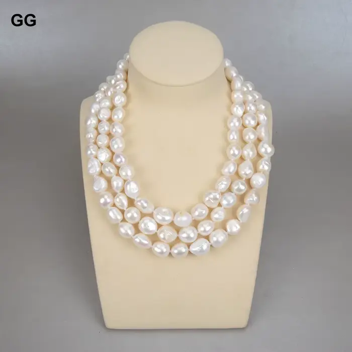 Collier de perles d'eau douce Keshi baroques blanches à 3 rangées avec fermoir doré 18K pour femme style classique élégant