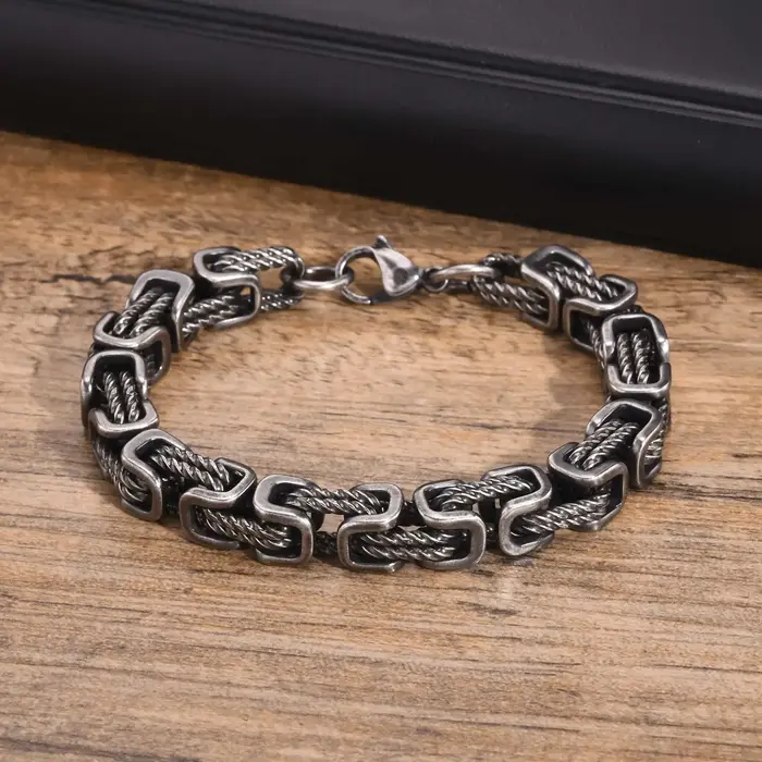 Bracelet Byzantin Epais Pour Hommes En Acier Inoxydable Gris Retro Cadeau De Bijou Vintage Pour Lui Garcon Occasions Speciales
