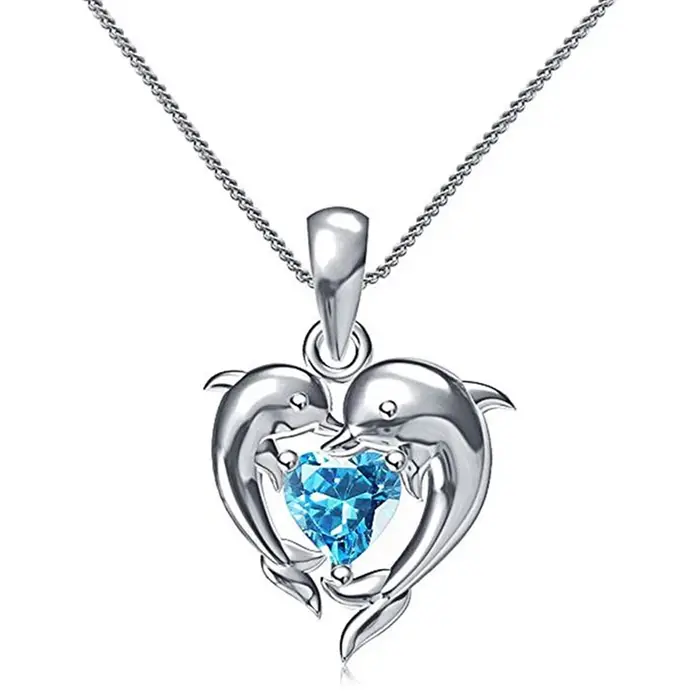 Huitan Couple dauphin avec coeur bleu CZ collier femmes Chic mariée mariage clavicule chaîne colliers fantaisie cadeau déclaration bijoux
