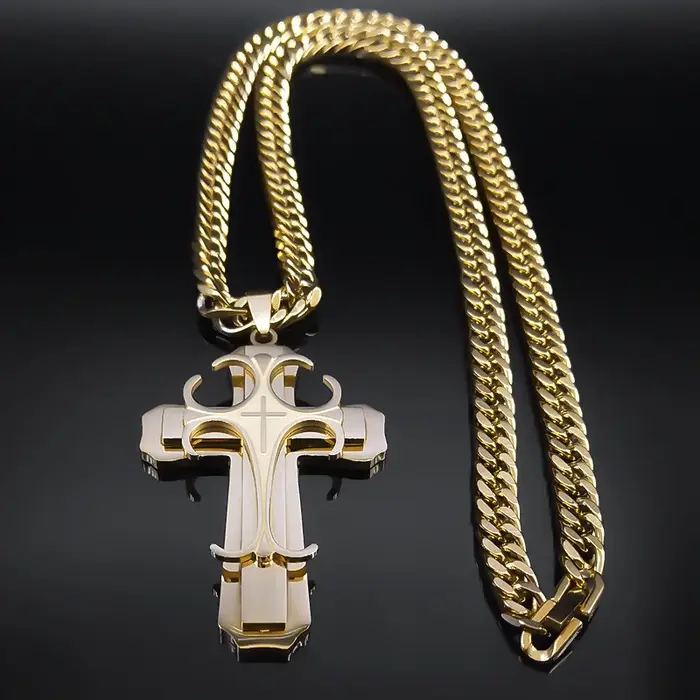 Collier pendentif croix superposé en acier inoxydable pour hommes