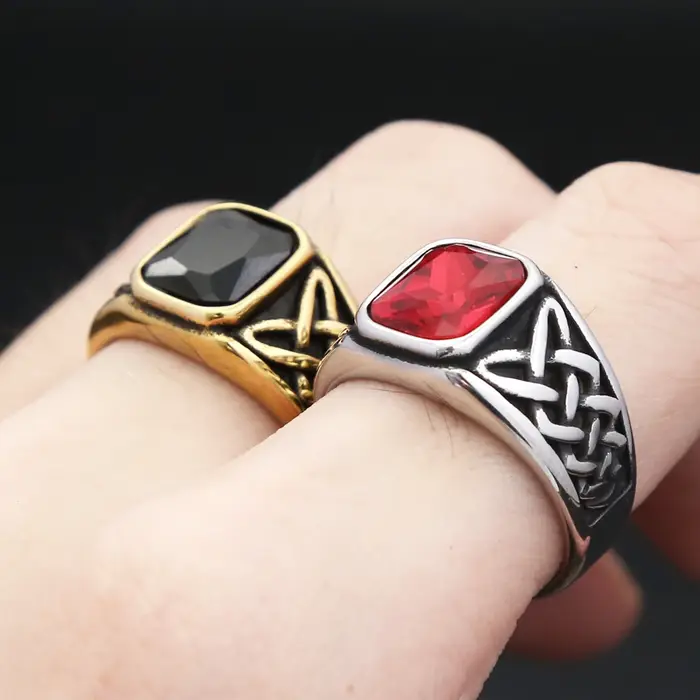 Punk Vintage carré rouge pierre chevalière anneaux pour hommes femmes en acier inoxydable nordique Vikings noeud Rune anneau mode bijoux en gros