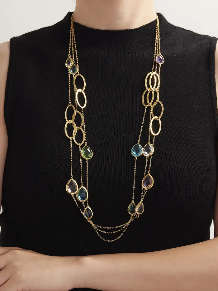 Collier chaîne de pull longue de 82cm en acier inoxydable plaqué or 18 carats avec gouttelettes brillantes
