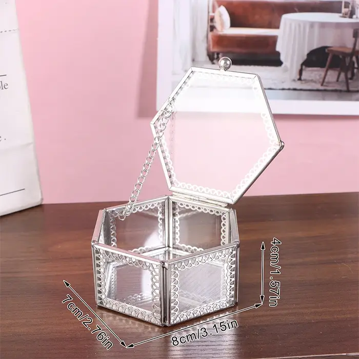 Boîte de rangement hexagonale en verre, parfaite pour les bijoux, bagues, boucles d'oreilles, perles