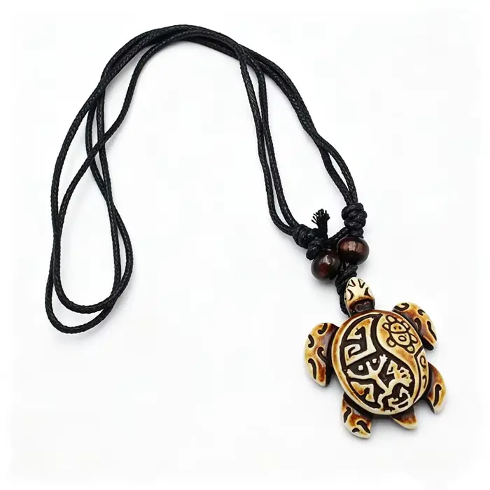 Collier pendentif tortue tribale - Tortue de mer hawaïenne en résine, 2 couleurs, cordon noir réglable, bijoux bohèmes pour surfeurs
