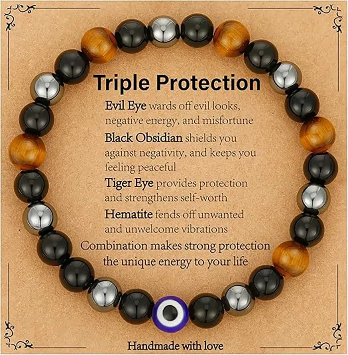 Bracelet pour Homme, Père, Fils, Triple Protection, Hématite, Obsidienne Noire, Œil de Tigre, Bracel