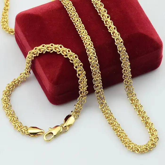 Mode longue hommes femmes unisexe ensemble de bijoux couleur or jaune chaîne collier Bracelets ensemble Helix Style