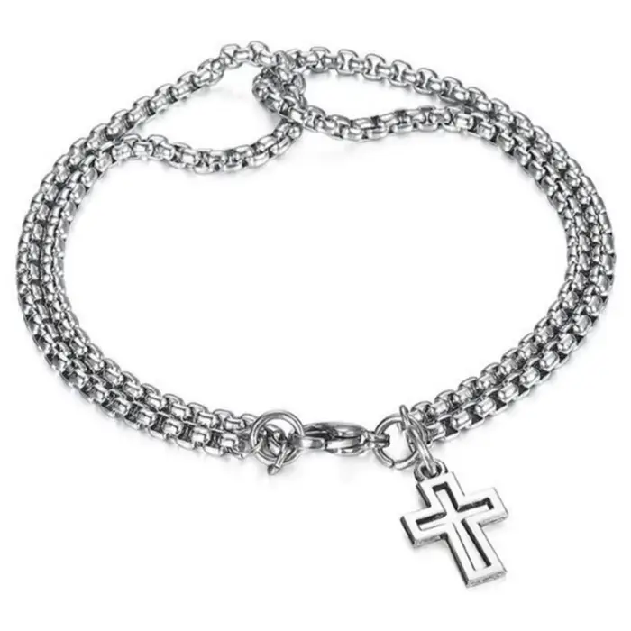 Bracelet à pendentif croix Double couche en acier inoxydable pour hommes, Design personnalisé, couleur argent, bijoux Hip Hop Rock, ne se décolore pas