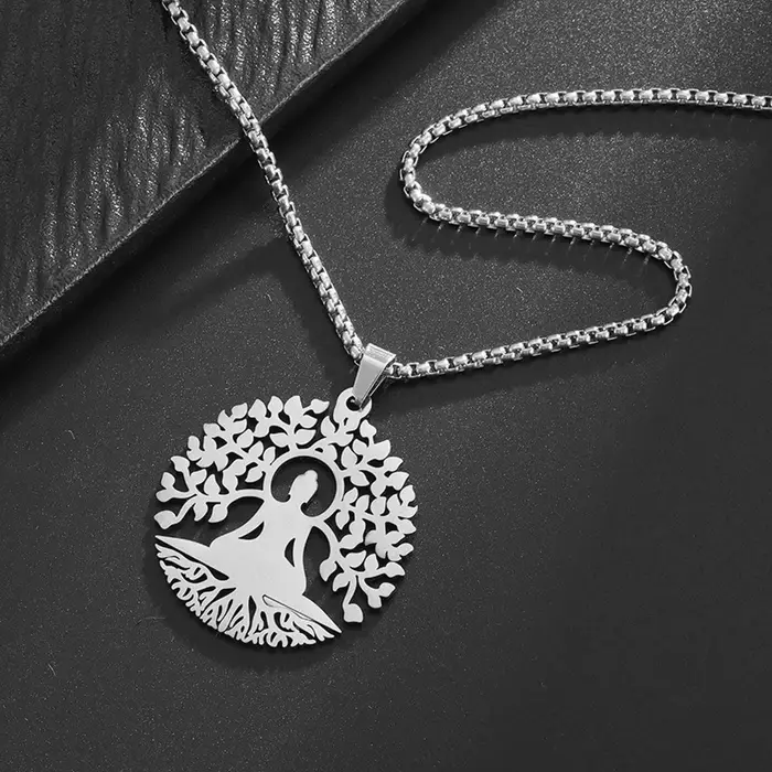 Collier pendentif bouddha Bodhi arbre de méditation pour femmes et hommes, accessoires de bijoux bouddhistes en acier inoxydable