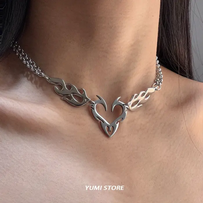 Hip Hop flamme coeur collier ras du cou pour femme homme titane acier clavicule chaîne épine