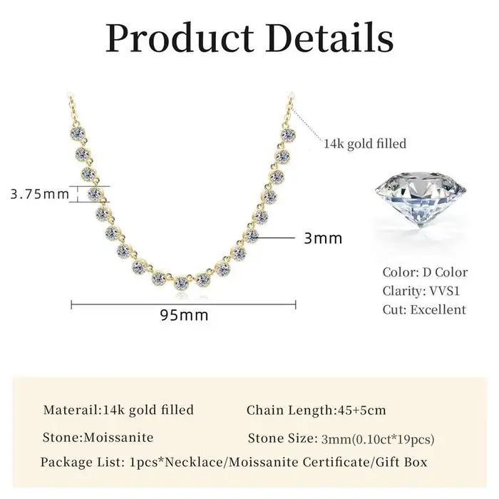 Collier style bulle en moissanite étincelante de 3 mm, collier ras du cou en or 14 carats pour femmes, accessoires de bijoux de mariage