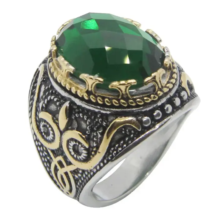 Bague œil en pierre verte en acier inoxydable 316L