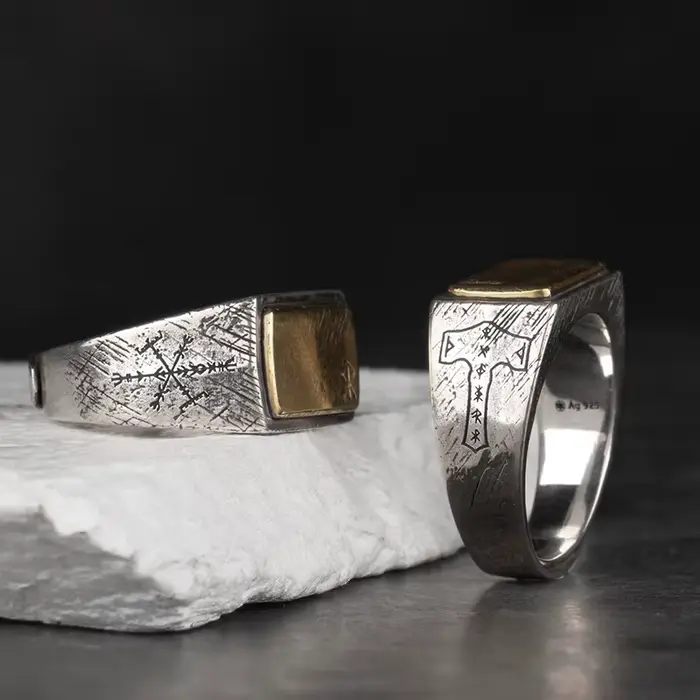 Bague marteau nordique en argent incrusté de cuivre, Rune Viking, bijoux en argent