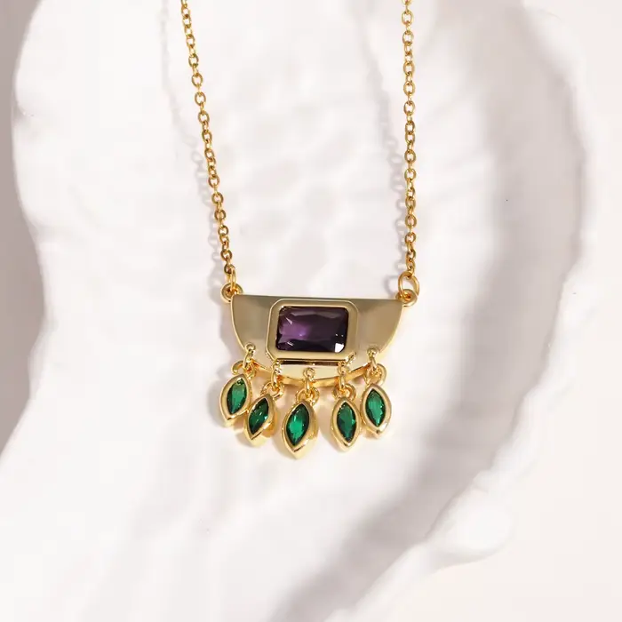 Collier avec pendentif à pampilles en Zircon ovale vert demi-rond en acier inoxydable pour femmes, usage quotidien, chaîne de cou à la mode, bijoux imperméables