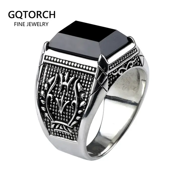 Bagues chevalière en argent Sterling 925 pur pour hommes, avec pierre naturelle d'onyx noir, fleur r