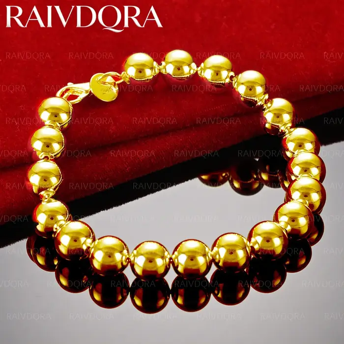 Bracelet à perles rondes plaqué or 18 carats de 10 mm pour hommes et femmes, bijoux élégants de bout