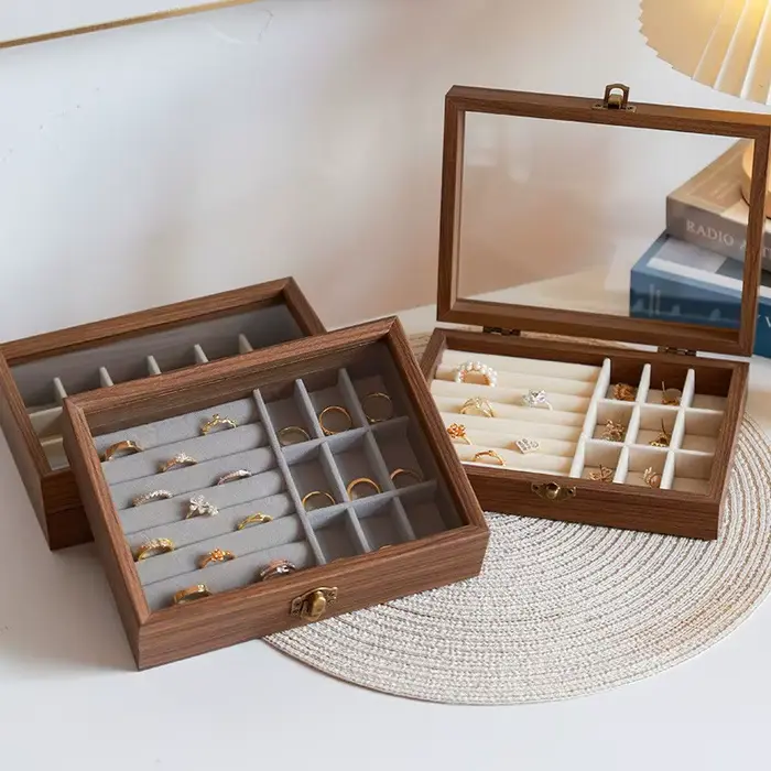 Boîte à bijoux SNQP en bois avec couvercle en verre vintage pour femmes rangement et présentation de bijoux pour occasions domestiques et festives