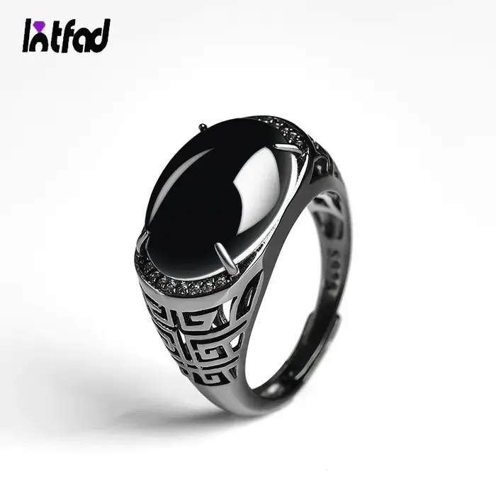 Bague vintage en argent avec jade noir naturel
