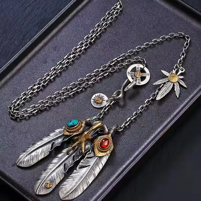 Collier chaîne rétro avec pendentif plume turquoise, pour hommes et femmes, longue chaîne de pull vintage, bijoux de mode