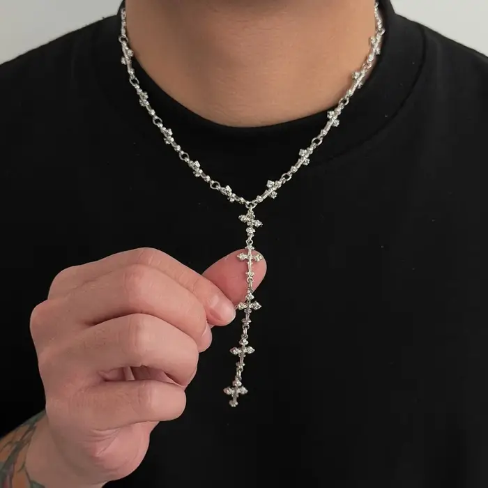 Collier en forme de Y avec pampilles couleur argent pour hommes et femmes