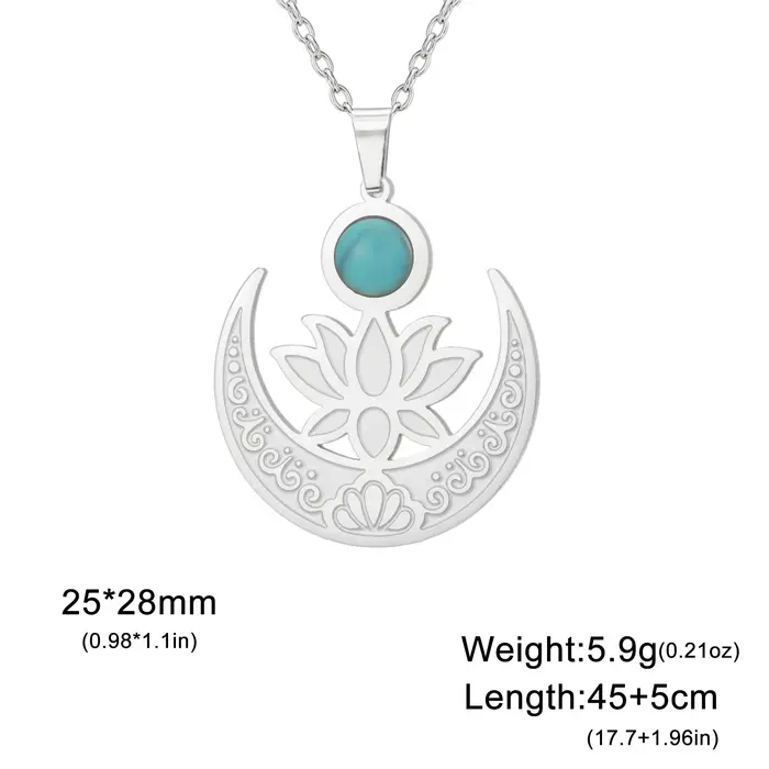 Collier Bouddhiste Fleur de Lotus Teamer, Collier en Acier Inoxydable Turquoise et Croissant de Lune