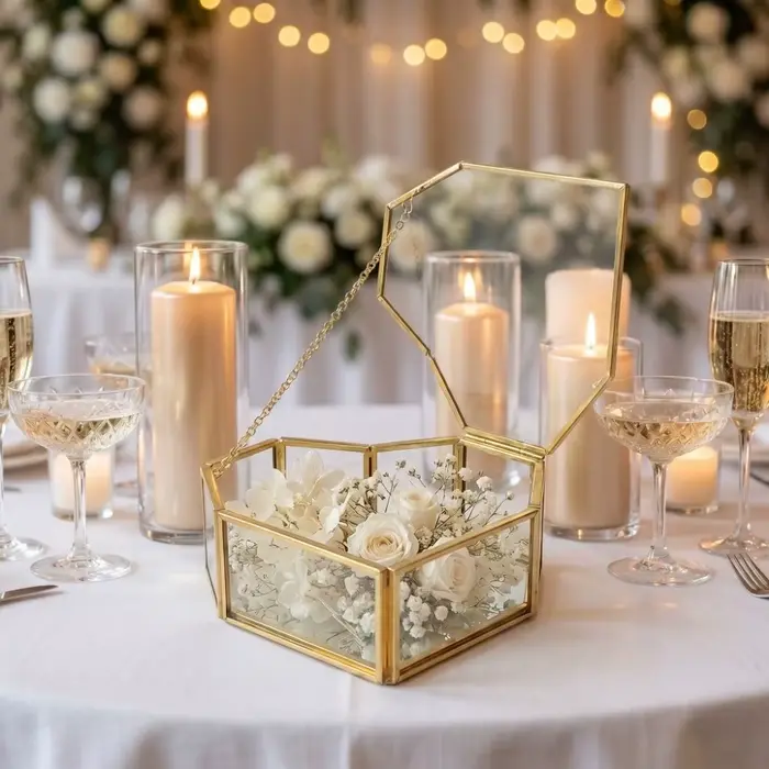 Boîte à Bijoux Élégante en Verre Transparent Forme de Cœur Design Géométrique Présenteur de Bijoux Portable pour Femmes Occasions Spéciales