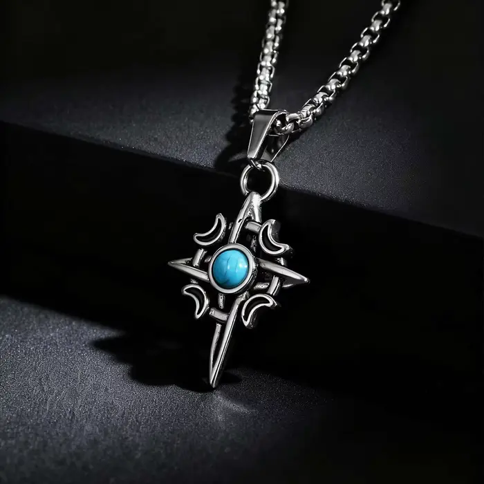 Collier pendentif géométrique en pierre naturelle Turquoise pour hommes, breloque étoile de lune en acier inoxydable, étanche, bijoux à la mode, cadeau
