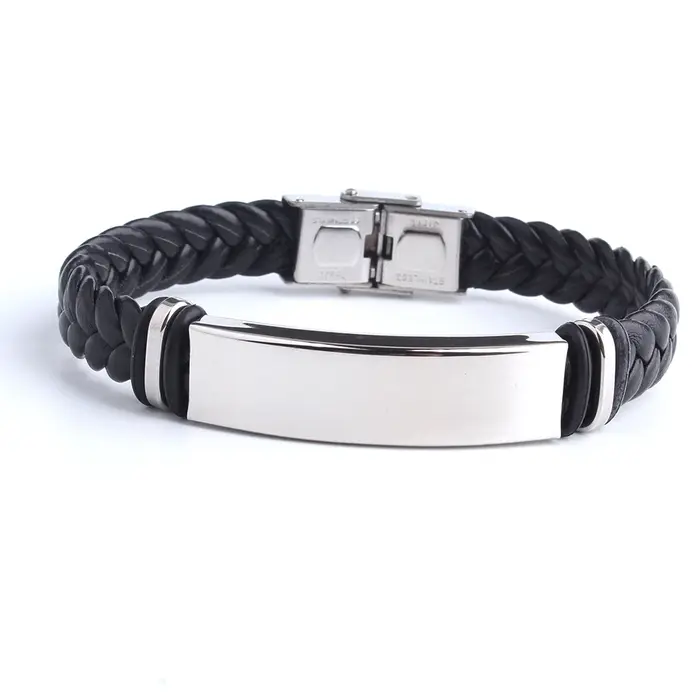 Logo personnalisé nom graver Bracelet en cuir couleur noire personnaliser Bracelets en acier inoxydable pour femmes