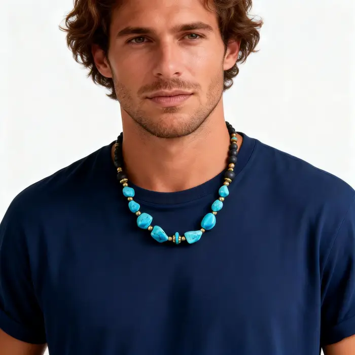 Collier vintage en perles turquoise pour hommes et garçons, colliers ethniques en pierres naturelles irrégulières, bijoux bohèmes d'été, cadeau