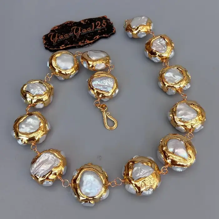 Collier perle keshi blanche galvanisée or naturel pour femmes occasions spéciales collier ras du cou 19.5 inch elegance sophistiquée