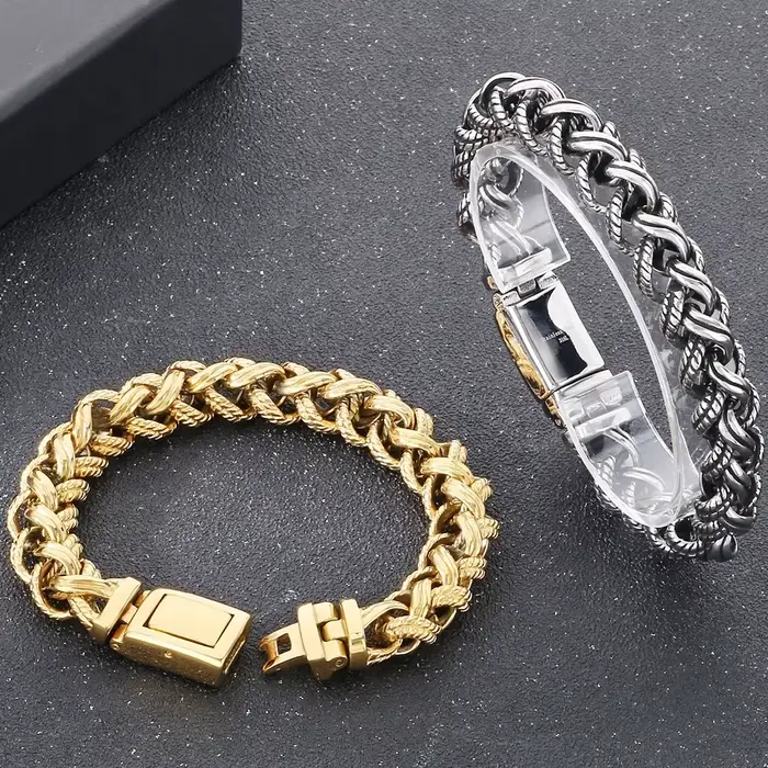 Bracelet vintage pour homme, en acier inoxydable tressé, chaîne à maillons torsadés, couleur or de luxe, bijoux pour poignet, cadeaux