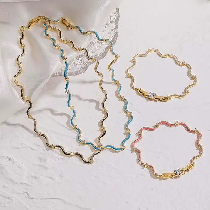 Parures de bijoux plaqué or 18 carats avec chaînes en émail, collier et bracelet, chaîne en laiton motif vague multicolore pour femme, vente en gros, cadeaux de mariage