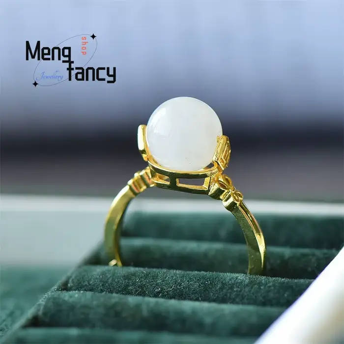 Bague en cuivre incrusté de jade blanc Hetian naturel, forme œuf de pigeon, bijoux de mode exquis, cadeaux populaires pour jeunes filles et couples, idéal pour les fêtes.