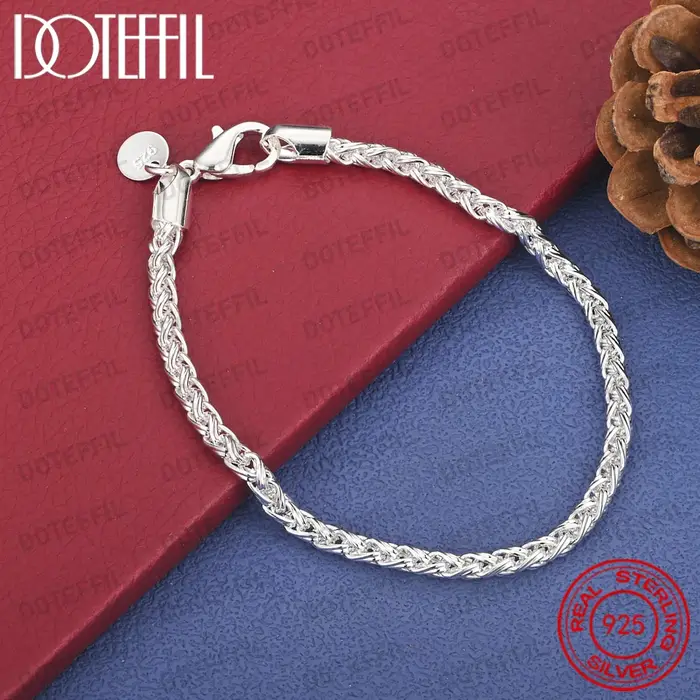Bracelet tressé simple en argent sterling 925 de 8 pouces (4/6 mm) pour hommes et femmes, accessoire