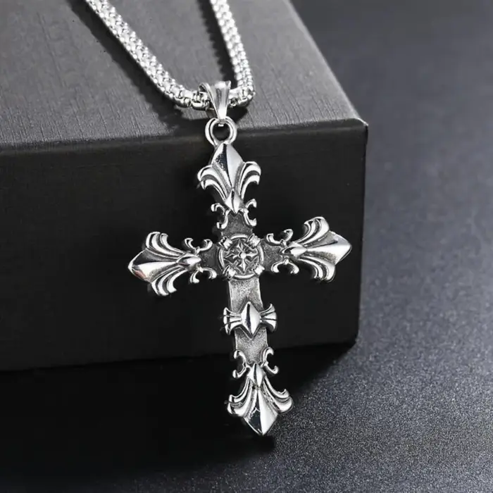 Collier chaîne ras du cou avec pendentif croix flamme argenté style hip-hop pour hommes et femmes