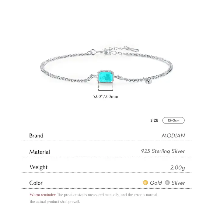 Modian pur 925 en argent Sterling élégant Rectangle Tourmaline Paraiba Bracelet mode lien chaîne pour les femmes bijoux de mariage cadeaux