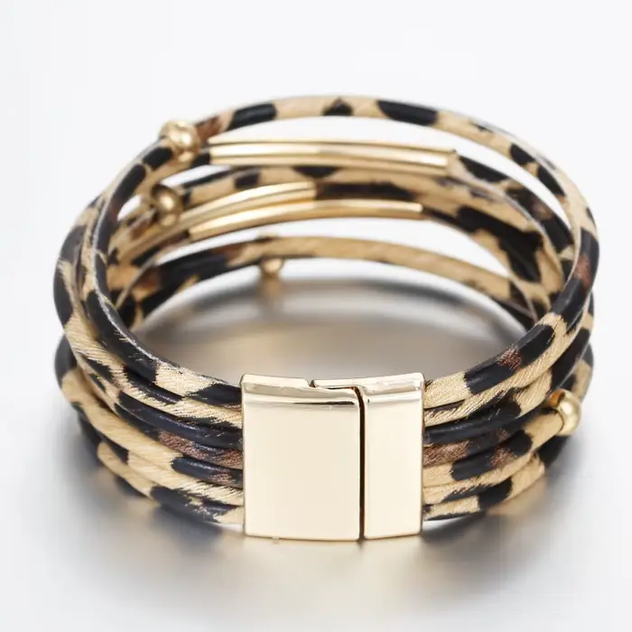 ALLYES Vintage Tube en métal léopard Bracelet en cuir pour femmes hommes Boho multicouche Wrap larges Bracelets