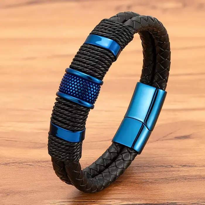 XQNI Double couche tressé corde Wrap Bracelets en cuir pour hommes charme bleu noir classique en acier inoxydable bracelet Couple bijoux