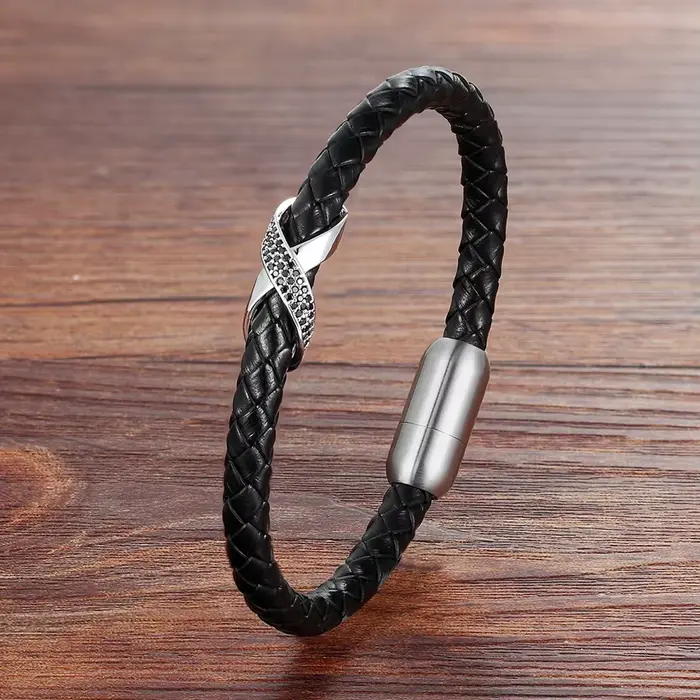 XQNI Infinity Logo Design Bracelet en cuir pour hommes croix luxe en acier inoxydable bijoux cadeau bracelets avec boucle magnétique