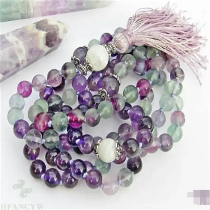 Collier Mala en fluorite améthyste et pierre de lune 108 perles pour yoga meditation bénédiction Népal fantaisie veines style classique occassions partys