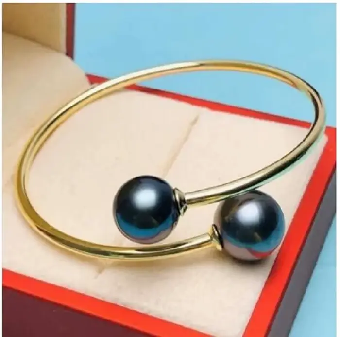 Magnifique bracelet de perles rondes noires naturelles de Tahiti, géant AAAA, 11-10mm, or 14 carats P, 7.5-8 pouces