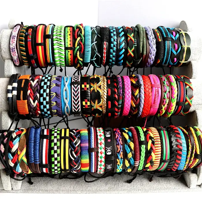 Bracelets de manchette en cuir vintage rétro faits à la main pour hommes et femmes, bracelet coloré,