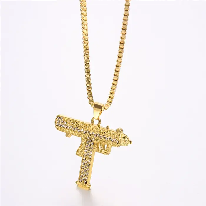 Collier pendentif pistolet Uzi plaqué or pour hommes, chaîne de mitrail entièrement scintillante en 