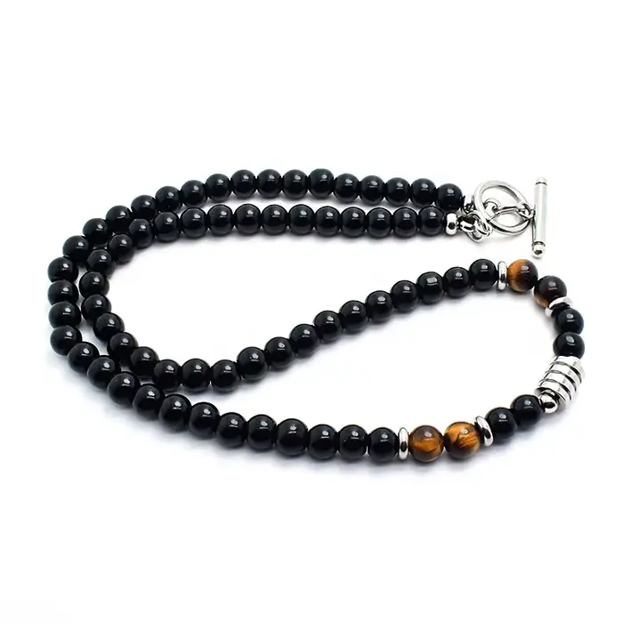 Noter hommes pierre collier Hiphop Punk acier inoxydable collier mâle naturel oeil de tigre perles c