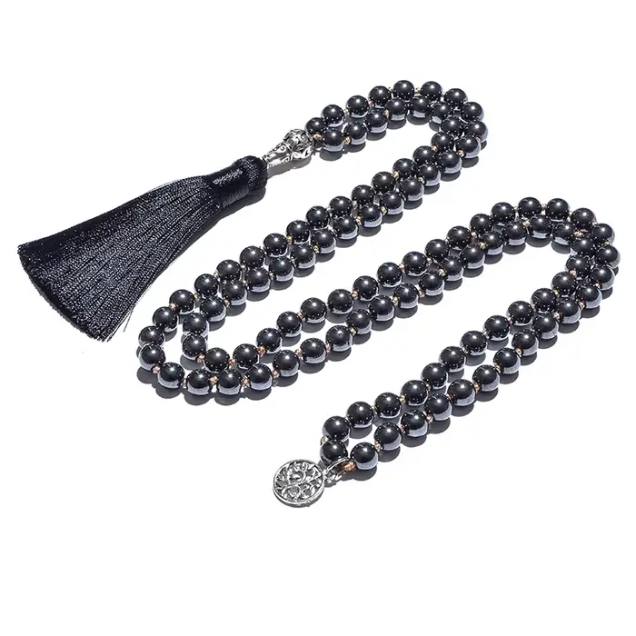 Collier noué en hématite noire de 8 mm, 108 perles, Mala de méditation, bijoux de bénédiction pour l