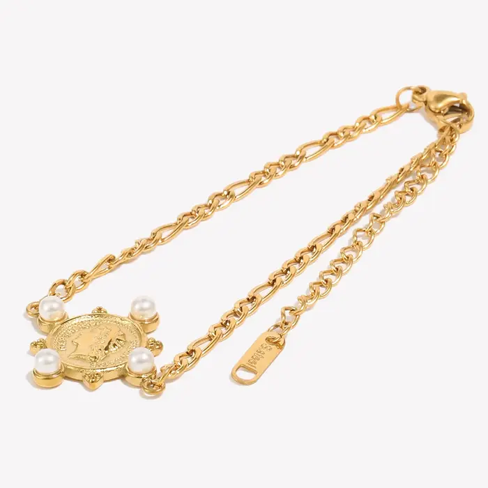 Bracelet E.B.belle Figaro en acier inoxydable plaqué or avec pièce de monnaie et perles imitation bijou quotidien pour femmes élégantes et sophistiquées