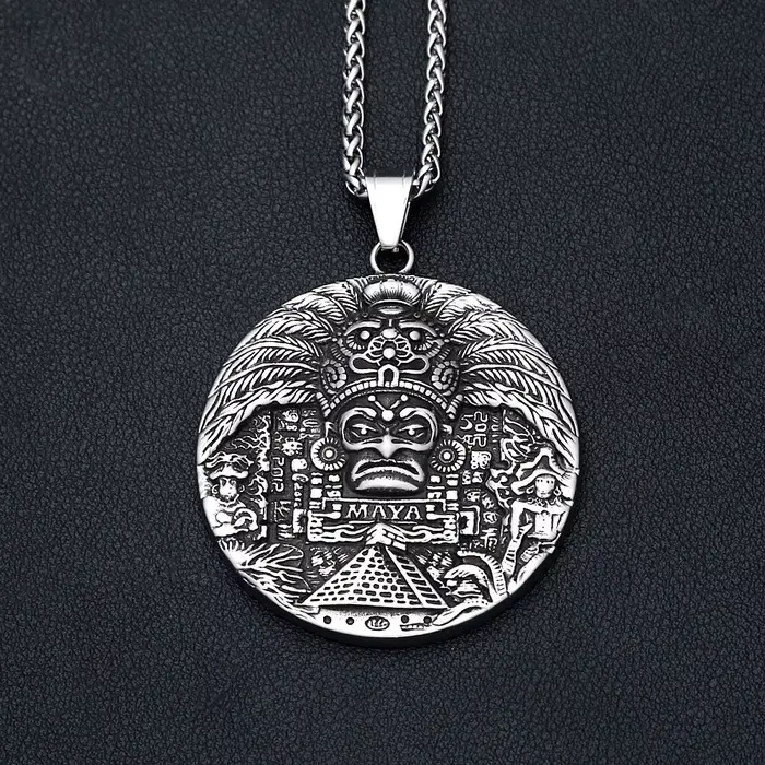 Collier rétro en acier inoxydable avec motif tribal maya et calendrier aztèque pour homme et femme occasions spéciales anniversaire mariage et fêtes