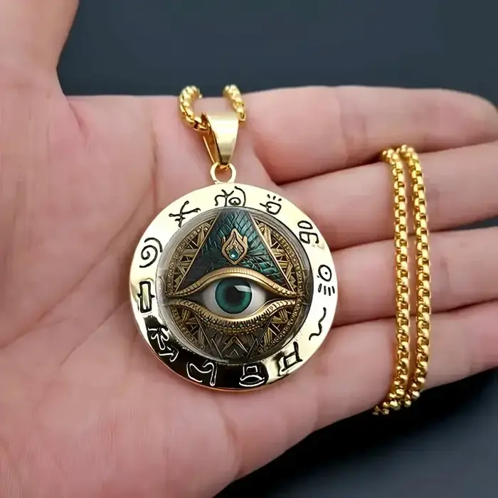 Talisman égyptien ancien : pendentif en verre et alliage de zinc hiéroglyphique à motif d'oeil
