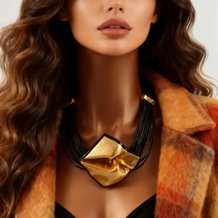 Collier de déclaration en cordon tressé noir avec pendentif géométrique texturé doré