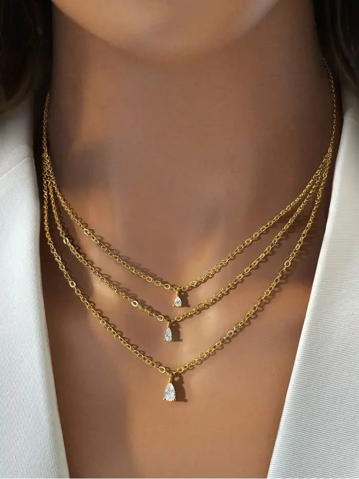 Collier goutte d'eau dorée à trois couches en argent Sterling 925 pour femmes, fiançailles, mariage,